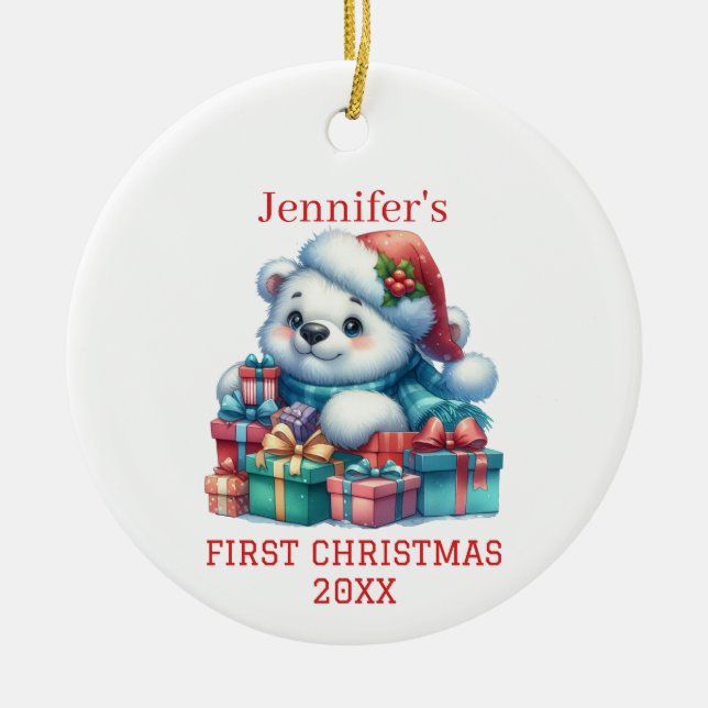 Cute Bear Cub Christmas Ceramic Ornament (Front)