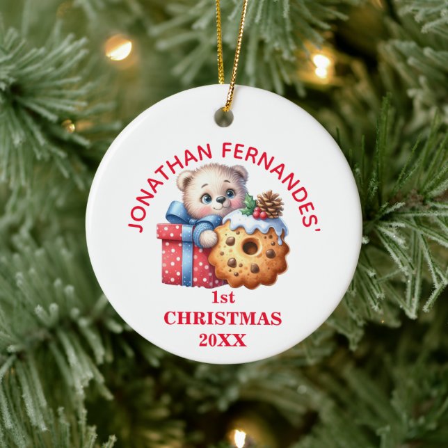 Cute Bear Cub First Christmas Personalized Ceramic Ornament (Tree)