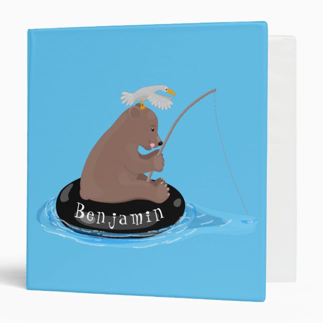 Cute bear cub fishing cartoon illustration 3 ring binder (Front/Inside)
