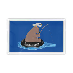 Cute bear cub fishing cartoon illustration acrylic tray