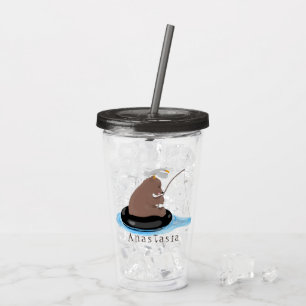 Cute bear cub fishing cartoon illustration acrylic tumbler