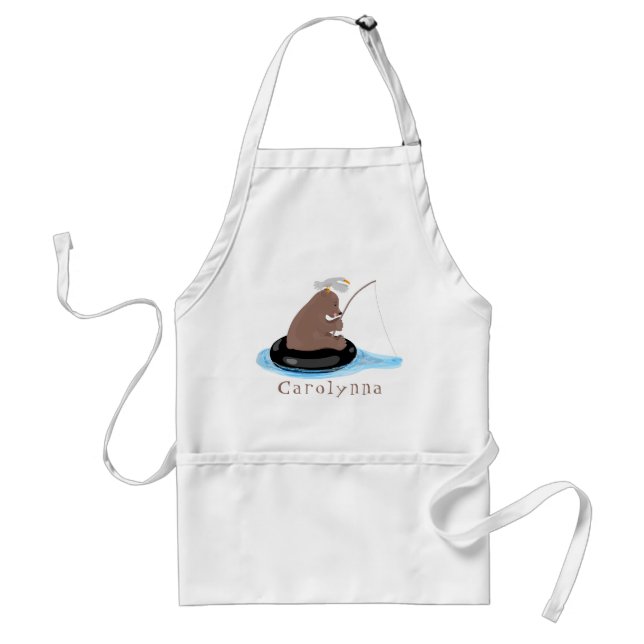 Cute bear cub fishing cartoon illustration adult apron (Front)