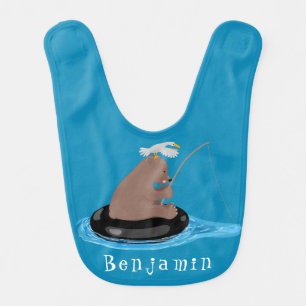Cute bear cub fishing cartoon illustration baby bib