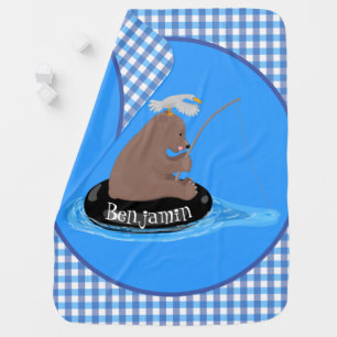 Cute bear cub fishing cartoon illustration baby blanket