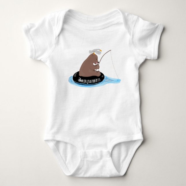Cute bear cub fishing cartoon illustration baby bodysuit (Front)