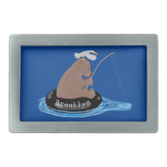Cute bear cub fishing cartoon illustration belt buckle (Front)
