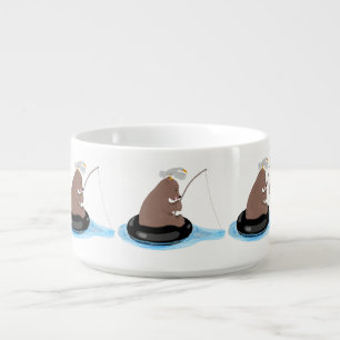 Cute bear cub fishing cartoon illustration  bowl