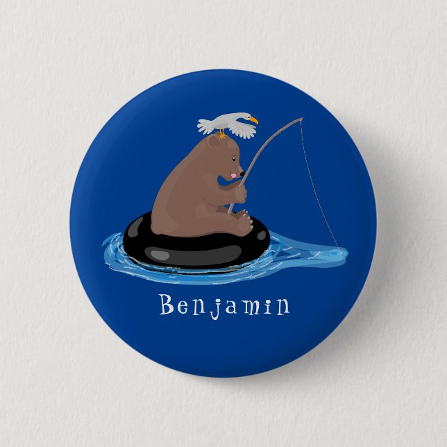 Cute bear cub fishing cartoon illustration button (Front)