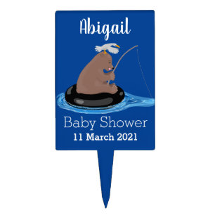 Cute bear cub fishing cartoon illustration cake topper