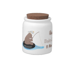 Cute bear cub fishing cartoon illustration candy jar