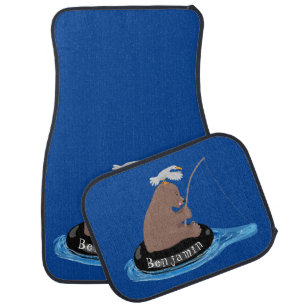 Cute bear cub fishing cartoon illustration  car floor mat