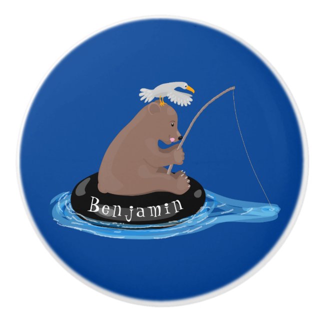 Cute bear cub fishing cartoon illustration ceramic knob (Front)