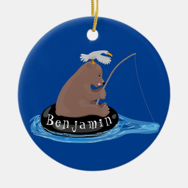 Cute bear cub fishing cartoon illustration ceramic ornament (Front)