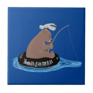 Cute bear cub fishing cartoon illustration ceramic tile