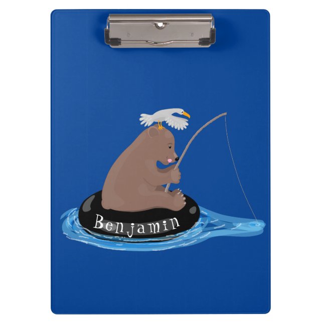 Cute bear cub fishing cartoon illustration clipboard (Front)