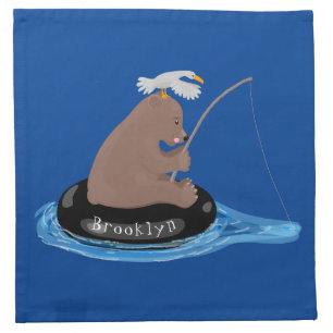 Cute bear cub fishing cartoon illustration cloth napkin