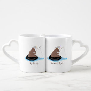 Cute bear cub fishing cartoon illustration coffee mug set