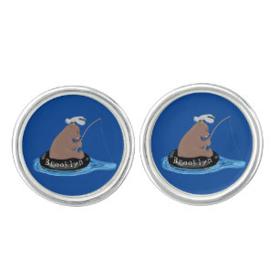 Cute bear cub fishing cartoon illustration cufflinks