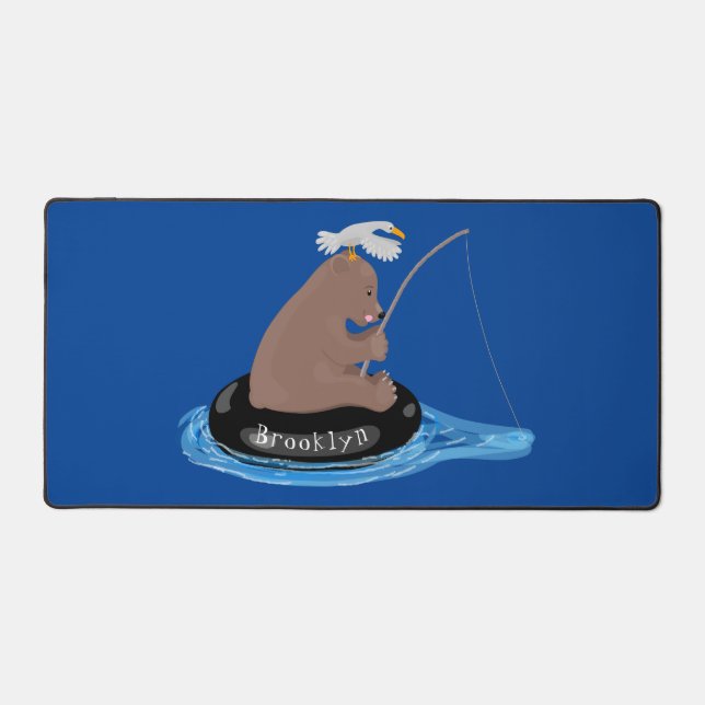 Cute bear cub fishing cartoon illustration desk mat (Front)