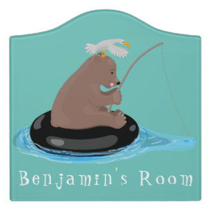 Cute bear cub fishing cartoon illustration door sign