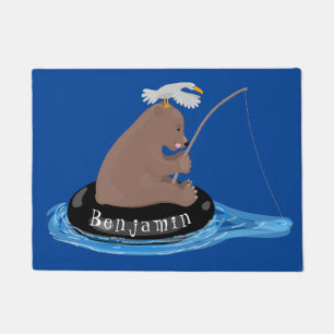 Cute bear cub fishing cartoon illustration doormat
