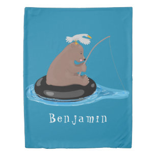 Cute bear cub fishing cartoon illustration duvet cover