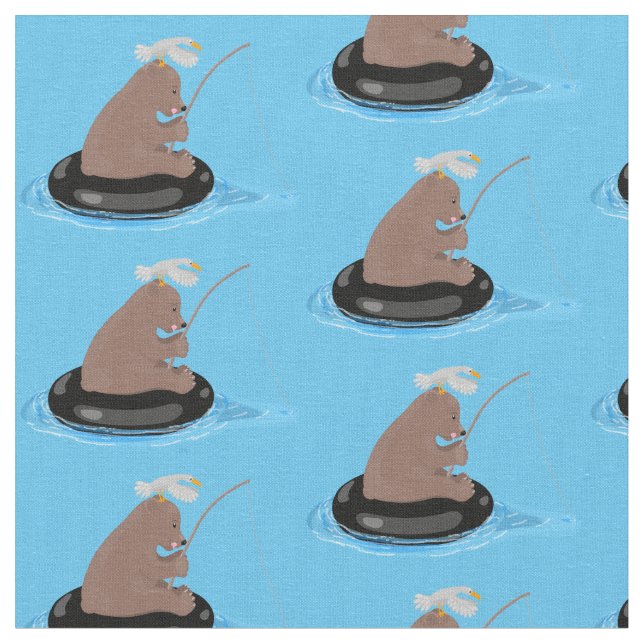Cute bear cub fishing cartoon illustration fabric (Close Up)