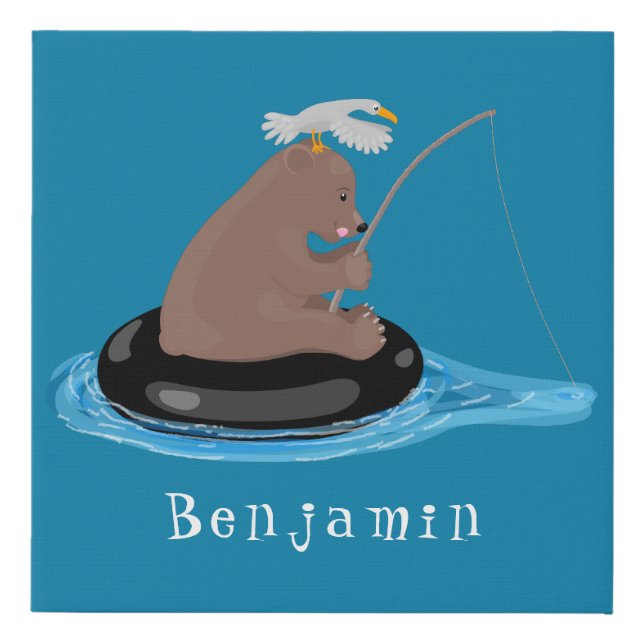 Cute bear cub fishing cartoon illustration faux canvas print (Front)