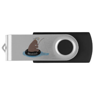 Cute bear cub fishing cartoon illustration flash drive