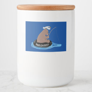 Cute bear cub fishing cartoon illustration food label