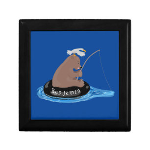 Cute bear cub fishing cartoon illustration gift box