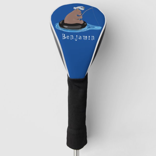Cute bear cub fishing cartoon illustration golf head cover (Front)