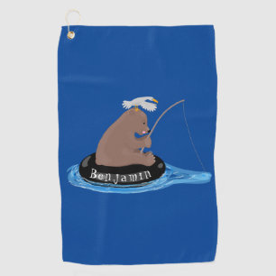 Cute bear cub fishing cartoon illustration golf towel