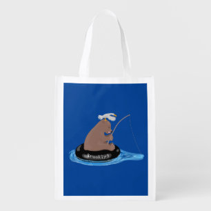 Cute bear cub fishing cartoon illustration grocery bag