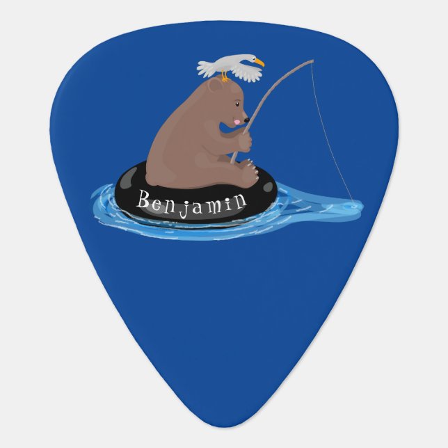 Cute bear cub fishing cartoon illustration  guitar pick (Front)