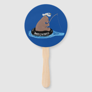 Cute bear cub fishing cartoon illustration hand fan