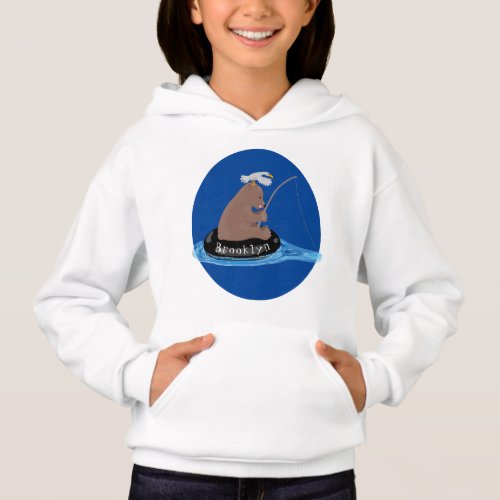 Cute bear cub fishing cartoon illustration  hoodie