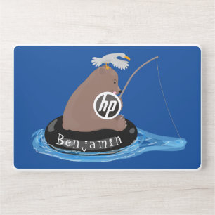 Cute bear cub fishing cartoon illustration HP laptop skin