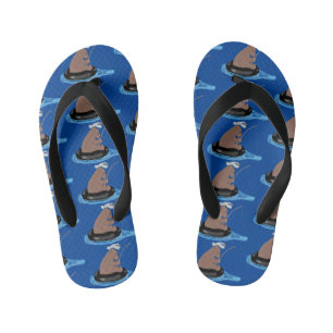 Cute bear cub fishing cartoon illustration kid's flip flops