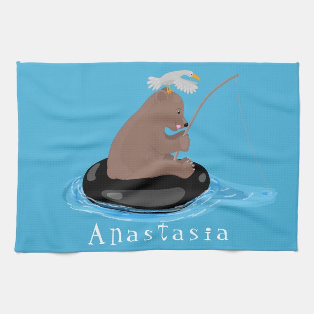 Cute bear cub fishing cartoon illustration kitchen towel (Horizontal)
