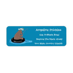 Cute bear cub fishing cartoon illustration label