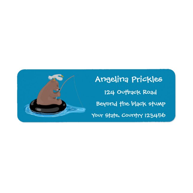 Cute bear cub fishing cartoon illustration label (Front)