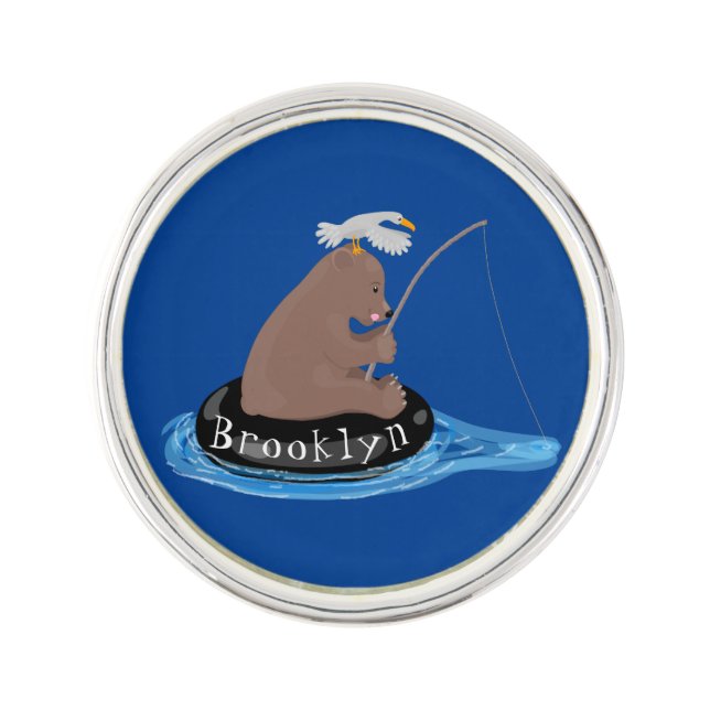 Cute bear cub fishing cartoon illustration lapel pin (Front)