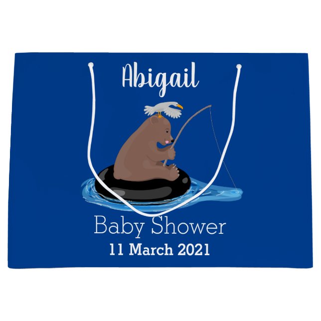 Cute bear cub fishing cartoon illustration large gift bag (Front)