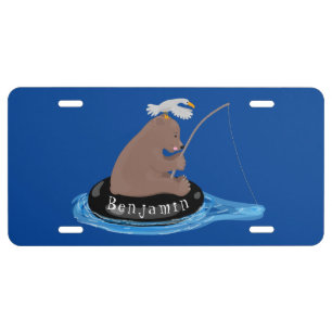 Cute bear cub fishing cartoon illustration  license plate
