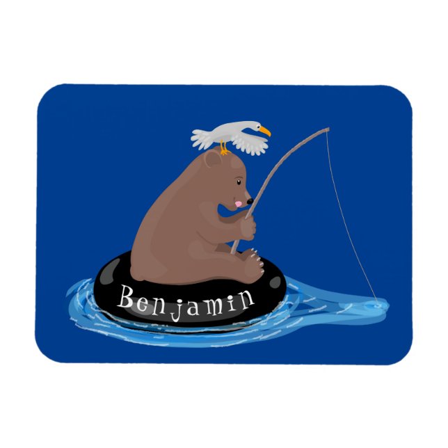 Cute bear cub fishing cartoon illustration magnet (Horizontal)