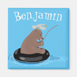 Cute bear cub fishing cartoon illustration magnet