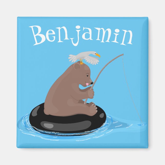 Cute bear cub fishing cartoon illustration magnet (Front)