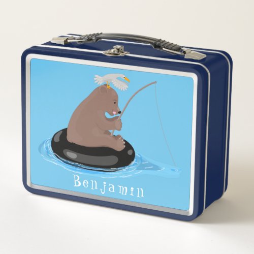 Cute bear cub fishing cartoon illustration metal lunch box