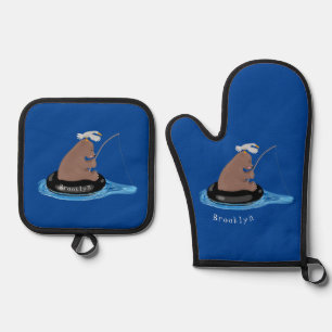 Cute bear cub fishing cartoon illustration  oven mitt & pot holder set